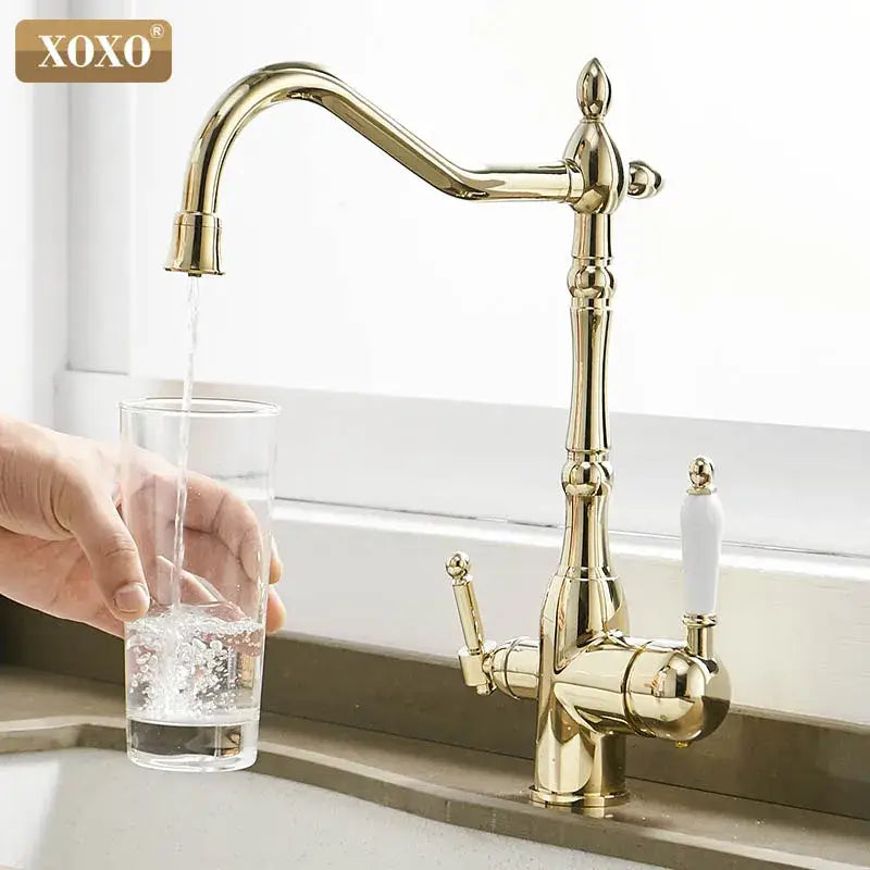 Ornate gold finished decorbites kitchen faucet mixer tap with white ceramic handles for elegant kitchen use