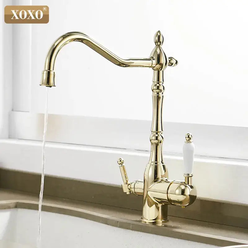 Ornate gold and white decorbites kitchen faucet mixer tap with brass finish curved spout and ceramic handles