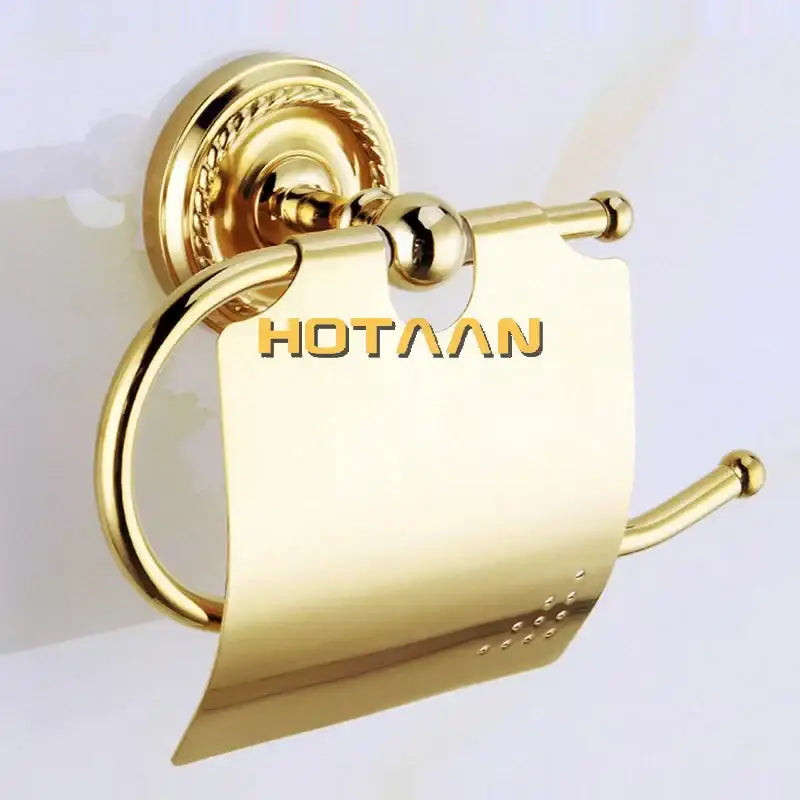 Ornate gold brass bathroom accessories set metal toilet paper holder with circular mounting plate and decorative ball accents