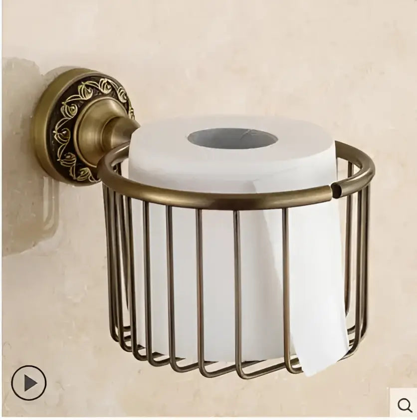 Antique brass toilet paper holder with ornate wall mount and wire basket from decorbites copper carved bathroom set
