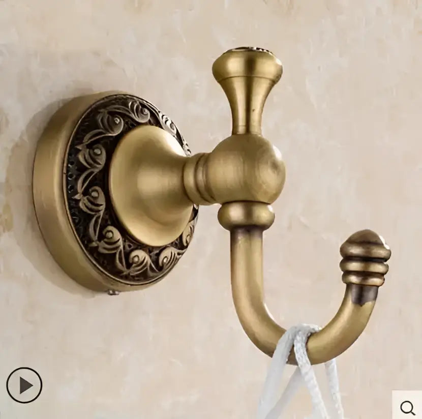 Antique brass double hook with ornate floral engraving on backplate from decorbites copper carved bathroom accessories