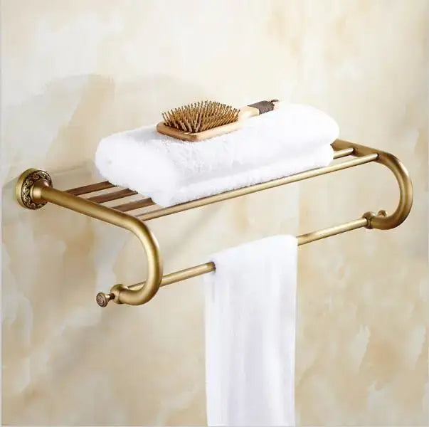 Antique brass bathroom towel rack with decorative scroll design and dual-tiered shelf from decorbites copper carved bathroom accessories set