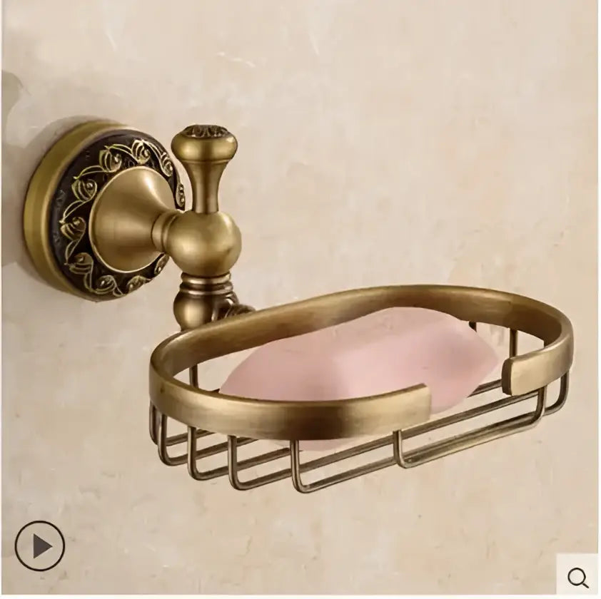 Antique brass wall-mounted soap dish with ornate decorative backplate and wire mesh basket in decorbites copper carved bathroom accessories set