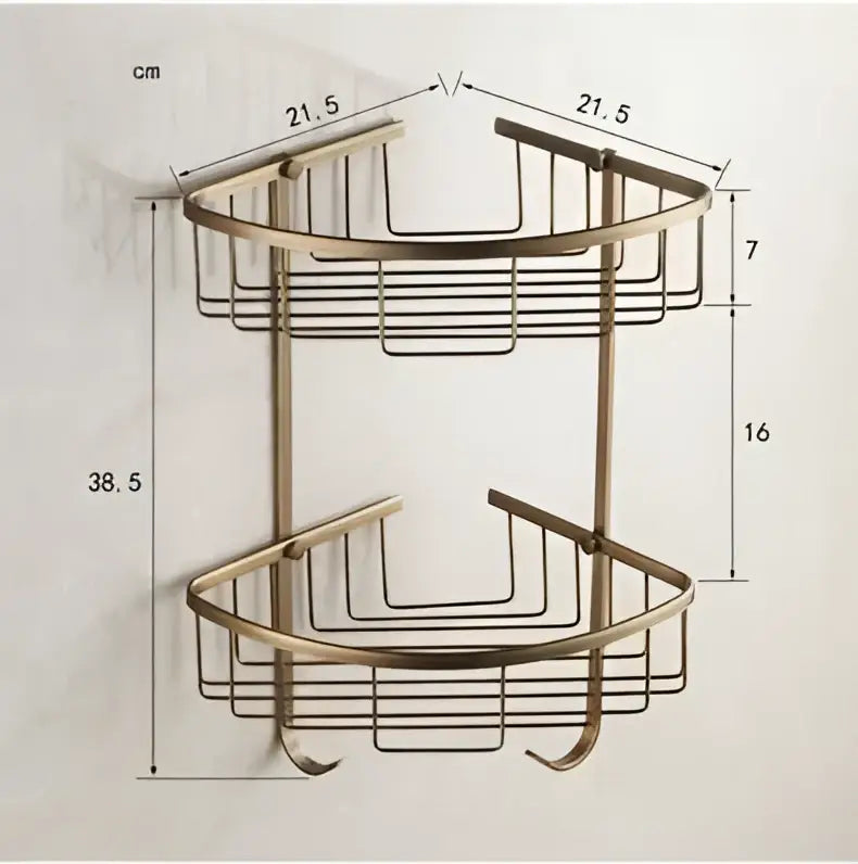 Brass double-tier corner shower caddy with wire mesh shelves in decorbites copper carved bathroom accessories set