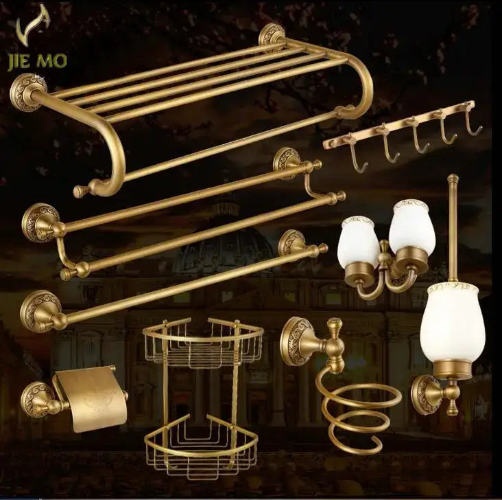 Ornate gold copper carved bathroom accessories set in brass with intricate detailing for elegant carved bathroom decorbites copper carved design