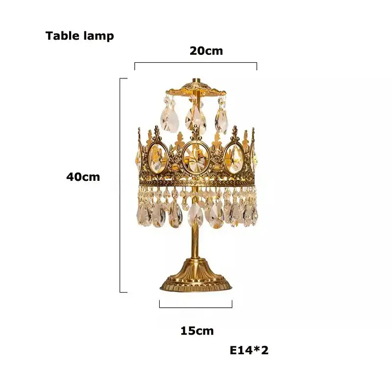 Ornate gold crown crystal led pendant light with dangling crystal droplets and oval-cut gemstones for living room decorbites crystal led