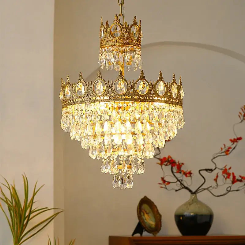 Ornate gold crown crystal led pendant light with cascading clear crystal droplets for elegant living room decorbites decor