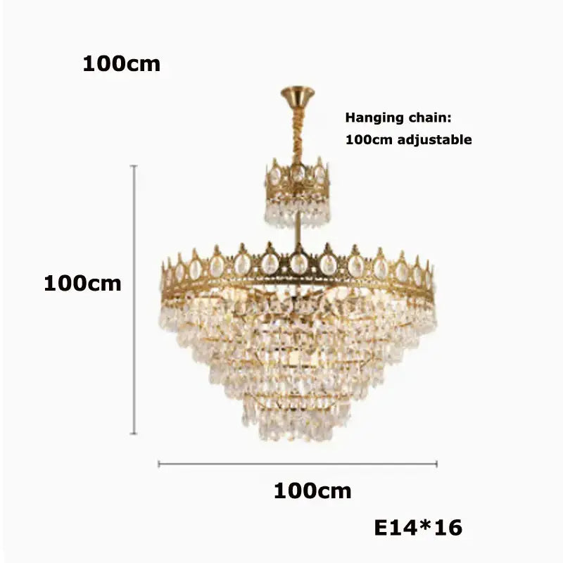 Ornate gold crown crystal led pendant light with multiple tiers of clear crystal droplets for living room decorbites crystal led