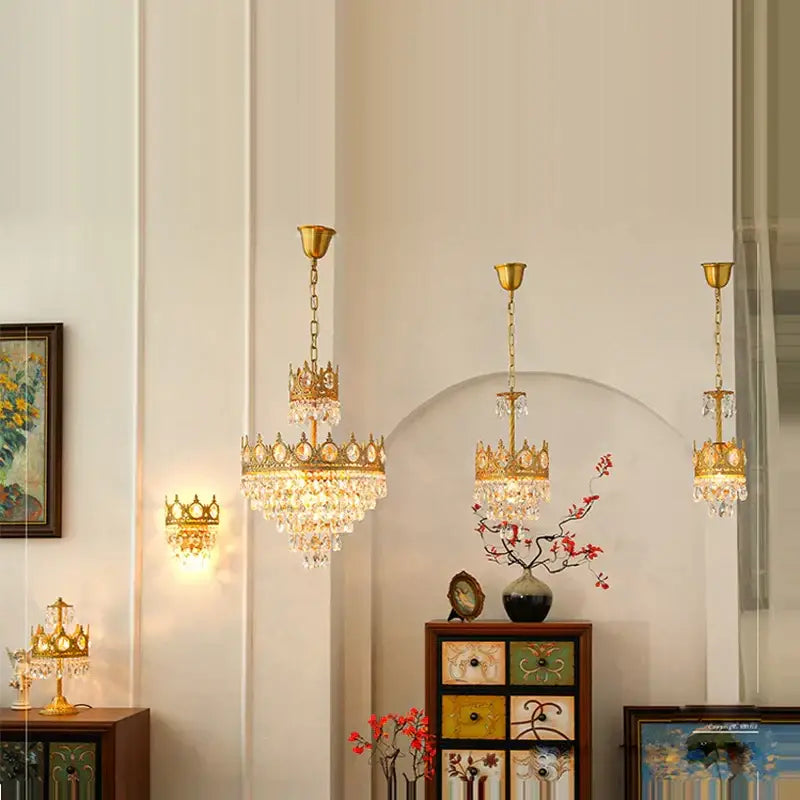 Ornate gold crown crystal led pendant light with intricate crown top and cascading crystal droplets for living room decorbites crystal led pendant