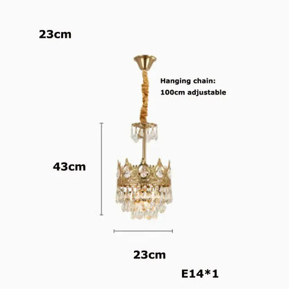 Ornate gold crown crystal led pendant light with dangling crystal droplets and adjustable hanging chain for living room decorbites crystal led