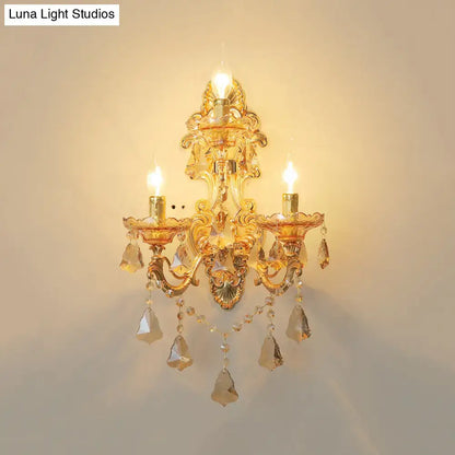 Ornate gold crystal 3 light metal fixture living room sconce with candle-style bulbs and crystal droplets inch fixture