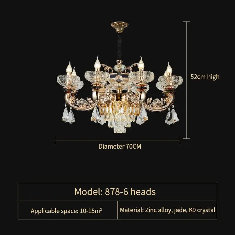 Elegant gold crystal candle chandelier with six lights and intricate jade k9 crystal accents for dining room decorbites crystal candle