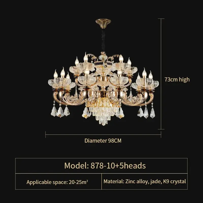 Elegant gold crystal candle chandelier with intricate k9 crystal droplets and floral jade glass shades by decorbites crystal