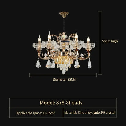 Ornate gold crystal candle chandelier with eight arms and k9 crystal glass shades for dining room decorbites crystal candle
