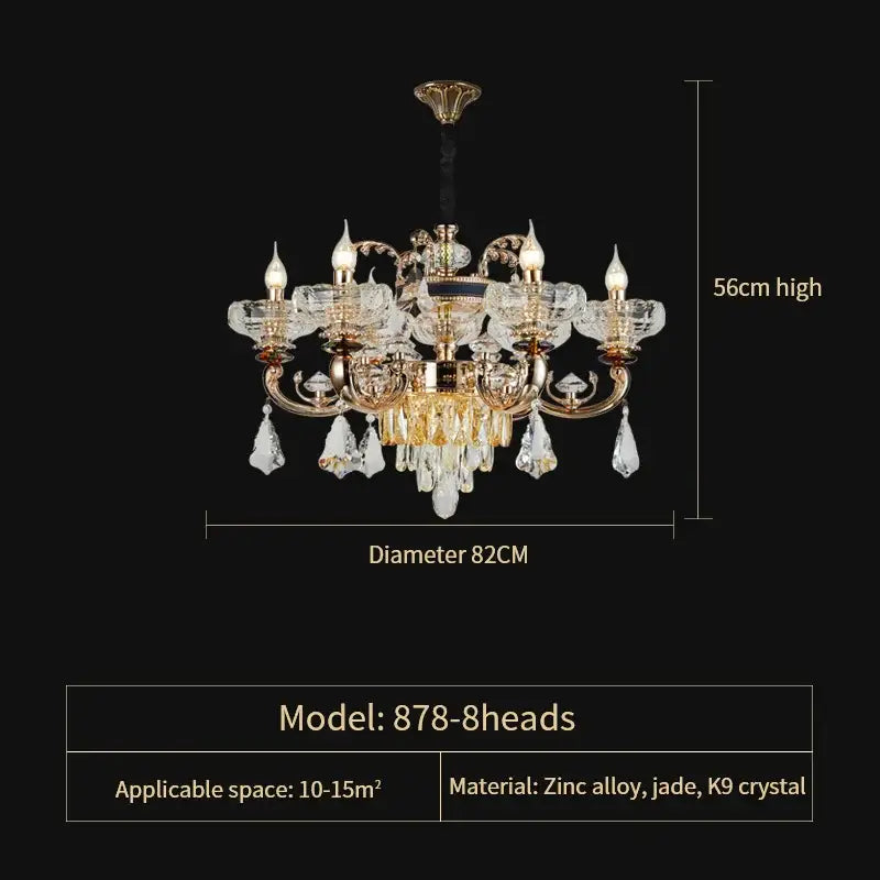 Ornate gold crystal candle chandelier with eight arms and k9 crystal glass shades for dining room decorbites crystal candle