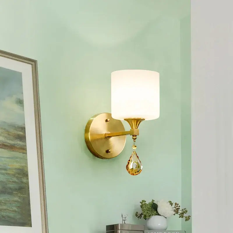 Ornate gold crystal copper wall lamp with frosted glass shade and dangling teardrop crystal for bedroom decorbites crystal copper wall