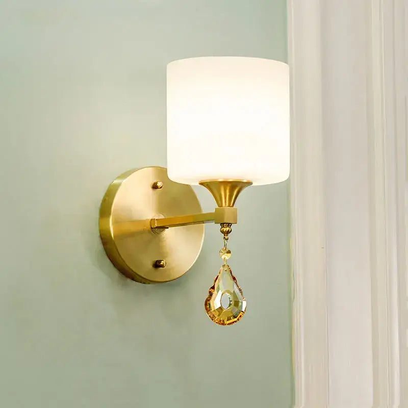 Ornate gold crystal copper wall lamp with frosted white glass shade and amber crystal teardrop for bedroom decorbites crystal copper wall