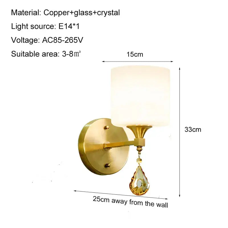 Ornate gold decorbites crystal copper wall lamp with cylindrical frosted glass shade and crystal teardrop pendant for bedroom decor