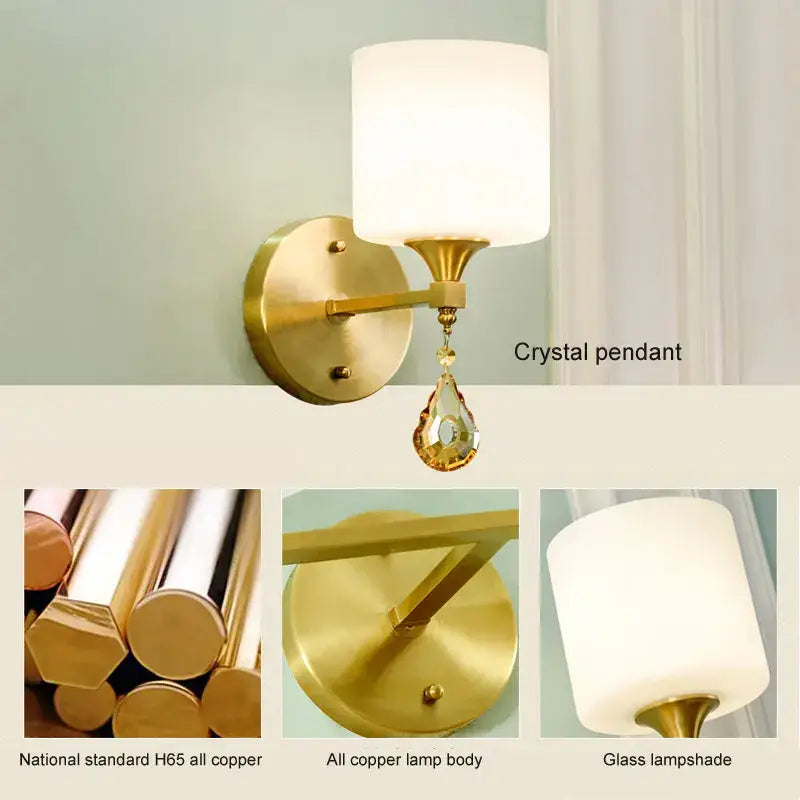 Ornate gold decorbites crystal copper wall lamp with cylindrical frosted glass shade and crystal pendant for bedroom decor