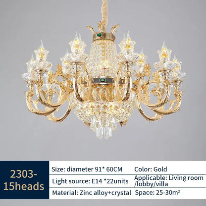 Ornate gold crystal dining room chandelier with zinc alloy arms crystal droplets and green accent stone decorbites crystal dining