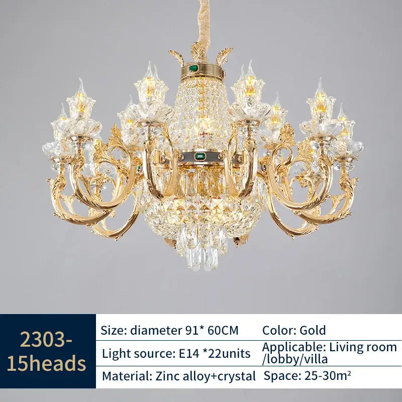 Ornate gold crystal dining room chandelier with zinc alloy arms crystal droplets and green accent stone decorbites crystal dining