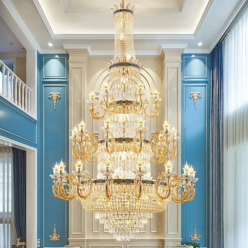 Ornate gold crystal dining room chandelier with cascading droplets and green accent stone from decorbites crystal dining