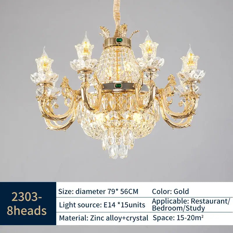 Ornate gold crystal dining room chandelier with intricate arms crystal droplets and green accent stone decorbites crystal dining