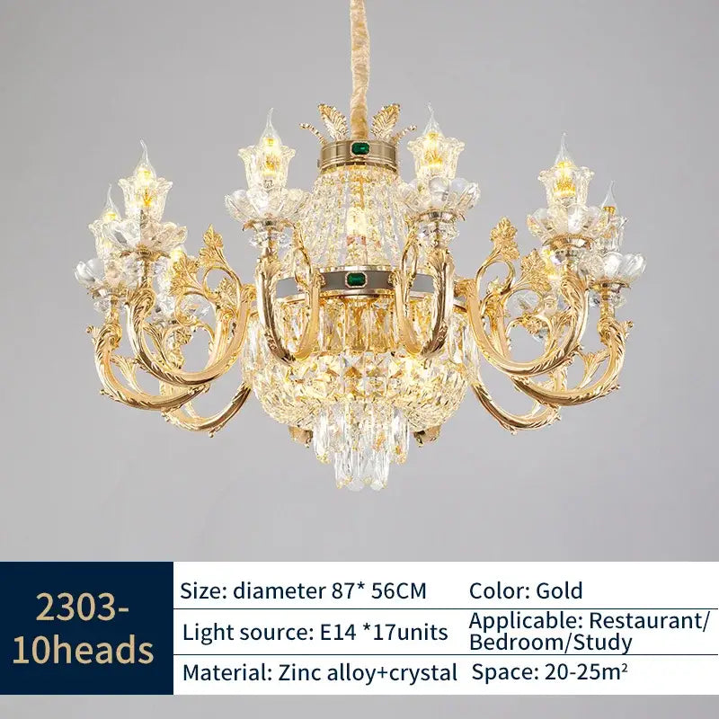 Ornate gold crystal dining room chandelier with intricate crystal detailing and green accent stone for decorbites crystal dining decor