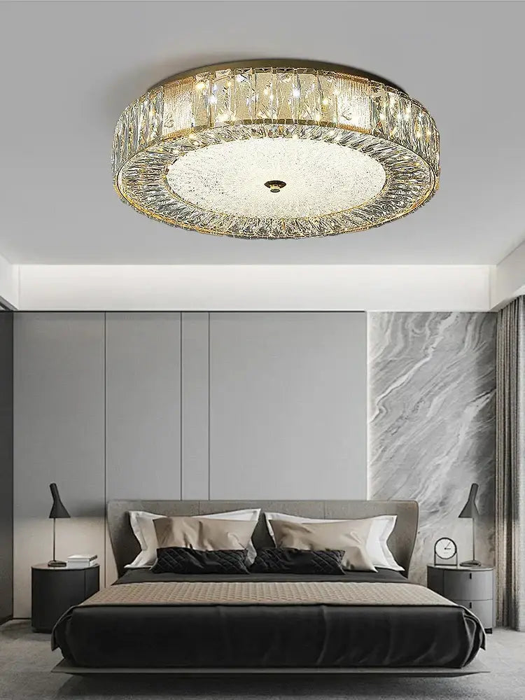Ornate gold metal frame ceiling light with multiple tiers of clear faceted crystal glass for bedroom and living room decorbites crystal glass ceiling