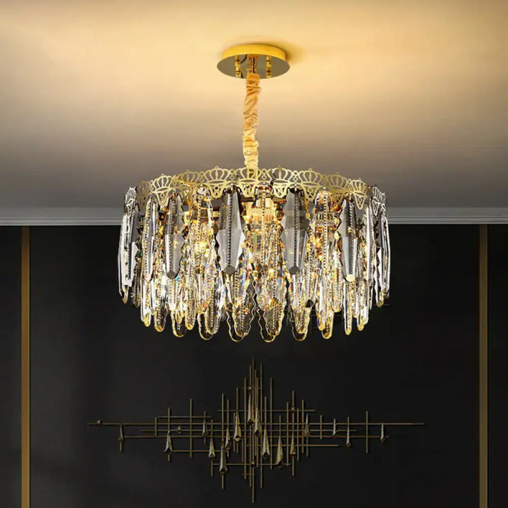 Gold-toned DecorBites™ minimalist crystal leaf pendant light chandelier with clear crystal prisms and ornate metalwork fixture width