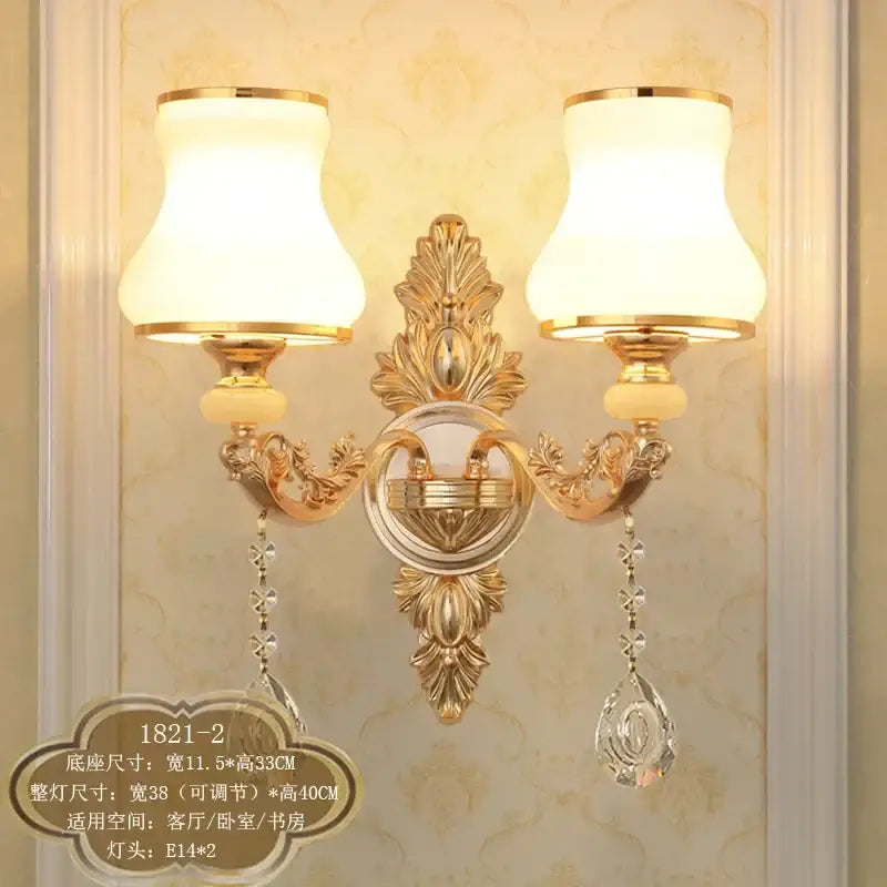 Ornate gold crystal wall sconce with two frosted glass shades and dangling teardrop pendants for bedroom decorbites crystal wall sconce