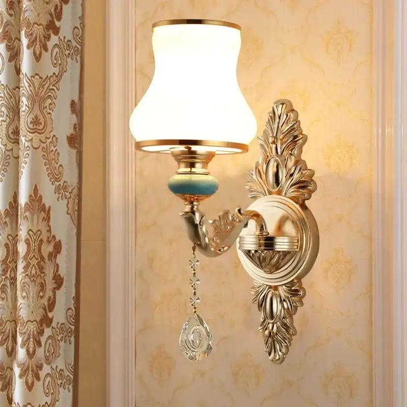 Ornate gold crystal wall sconce with frosted shades turquoise accent and dangling crystal teardrop for bedroom decorbites crystal wall sconce