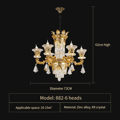 Ornate gold decorbites crystal chandelier with six arms and clear k9 crystals for luxury living room decor