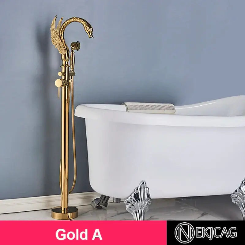 Ornate gold swan freestanding bathtub faucet with gold-finished swan design and matching decorbites gold swan handshower