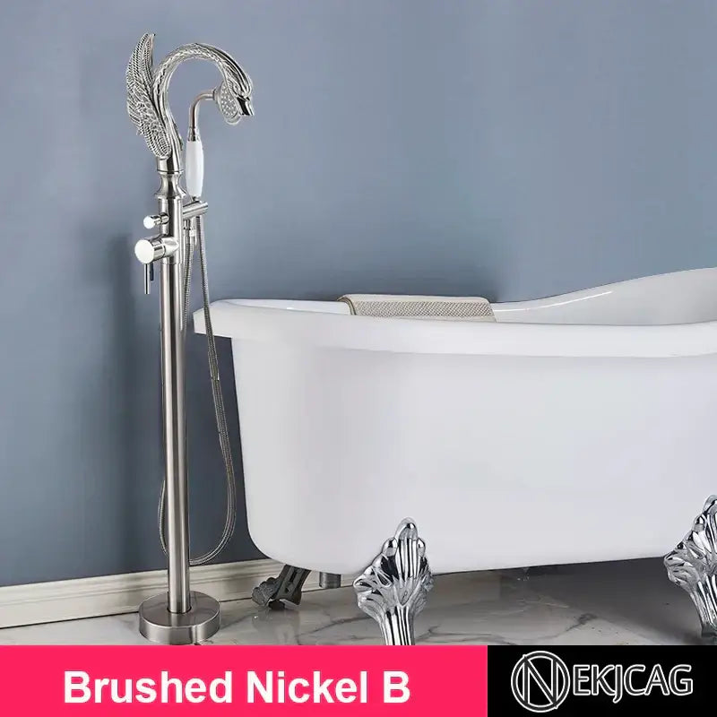 Brushed nickel bathtub faucet with ornate swan-shaped spout and decorative leaf motifs for decorbites gold swan freestanding use