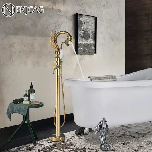 Ornate gold swan freestanding bathtub faucet with dragon-head design and adjustable handshower by decorbites gold swan