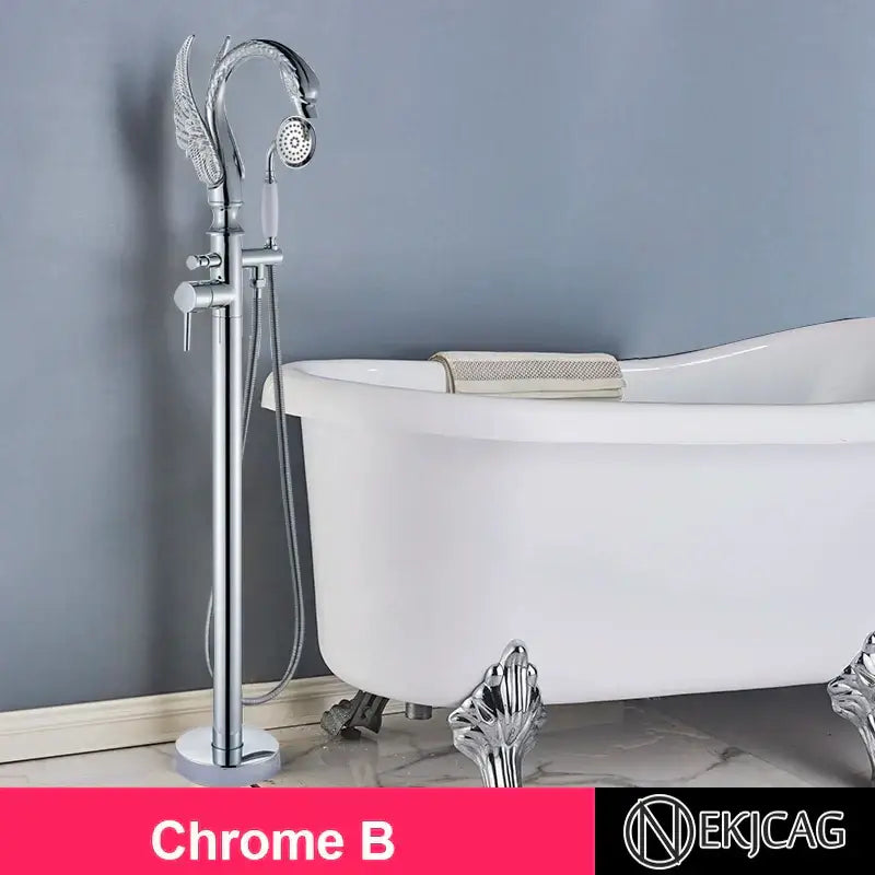 Chrome-finished ornate gold dragon freestanding bathtub faucet with wing-like design and handheld showerhead by decorbites gold swan
