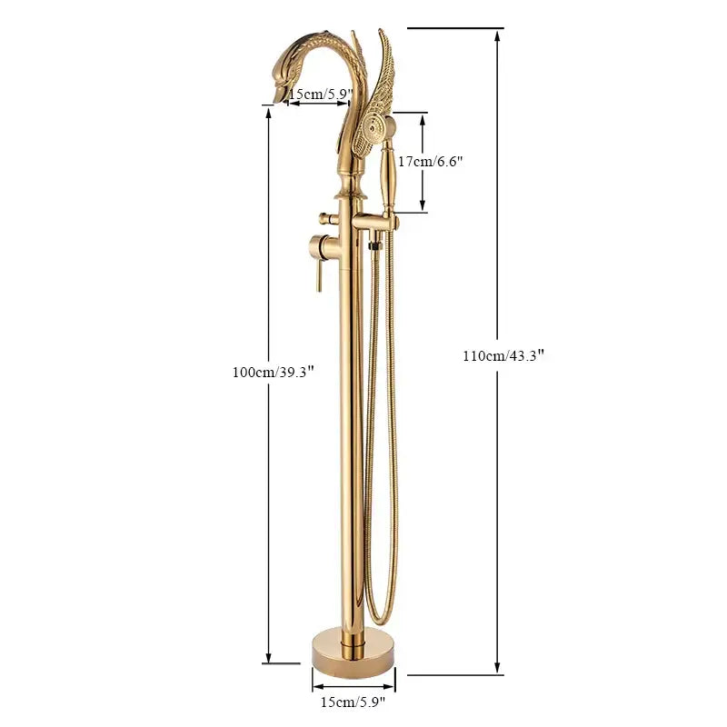 Ornate gold swan freestanding bathtub faucet with winged dragonhead spout and matching handheld shower hose by decorbites gold swan