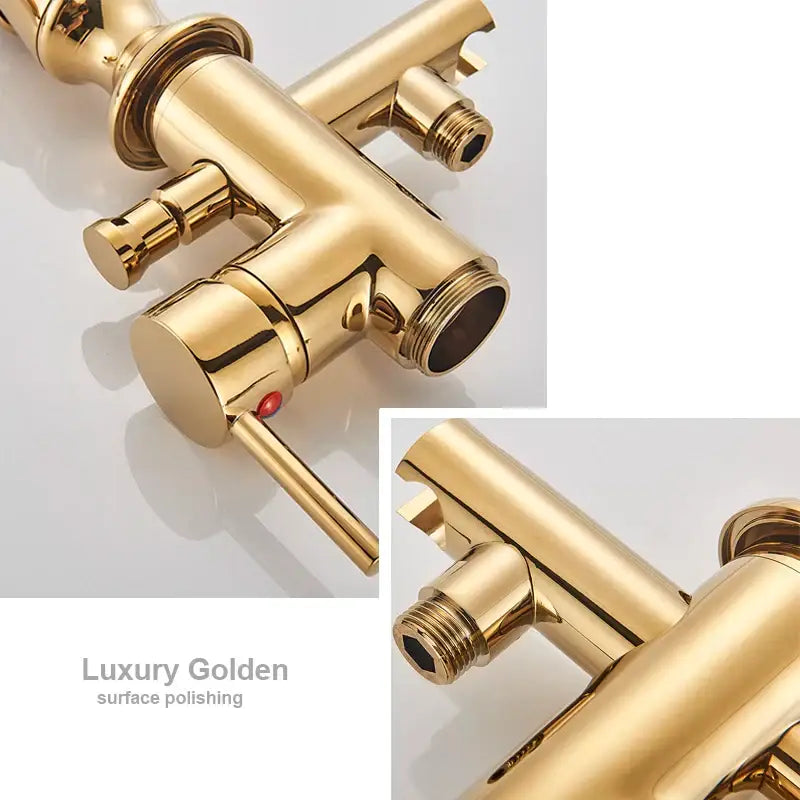 Gold brass-finished three-handle bathroom bathtub faucet with sleek polished surface for decorbites gold swan freestanding setup