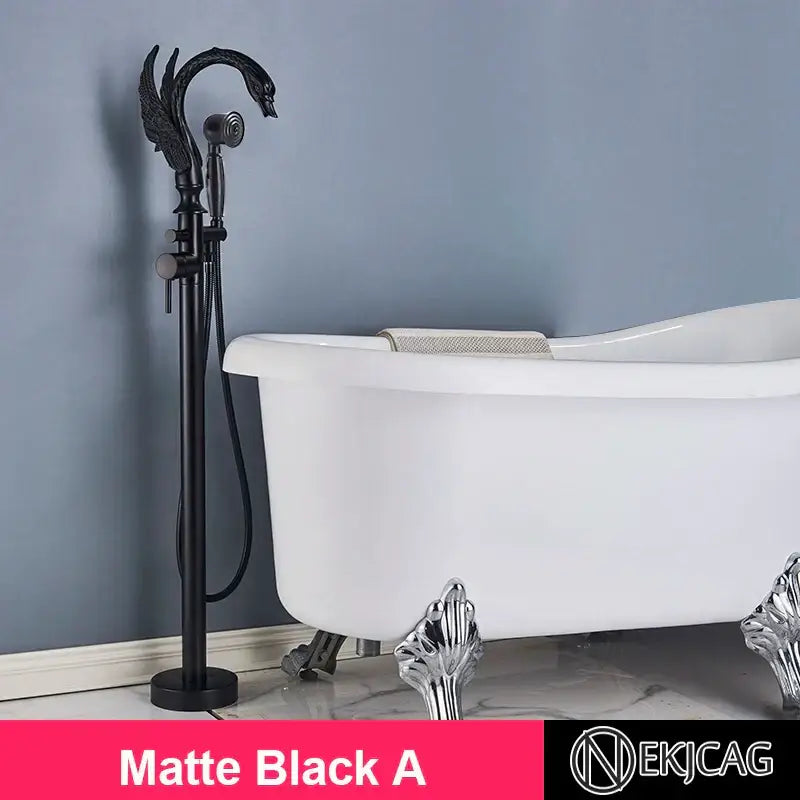Matte black swan-shaped bathtub faucet with ornate detailing and handheld showerhead in decorbites gold swan freestanding style