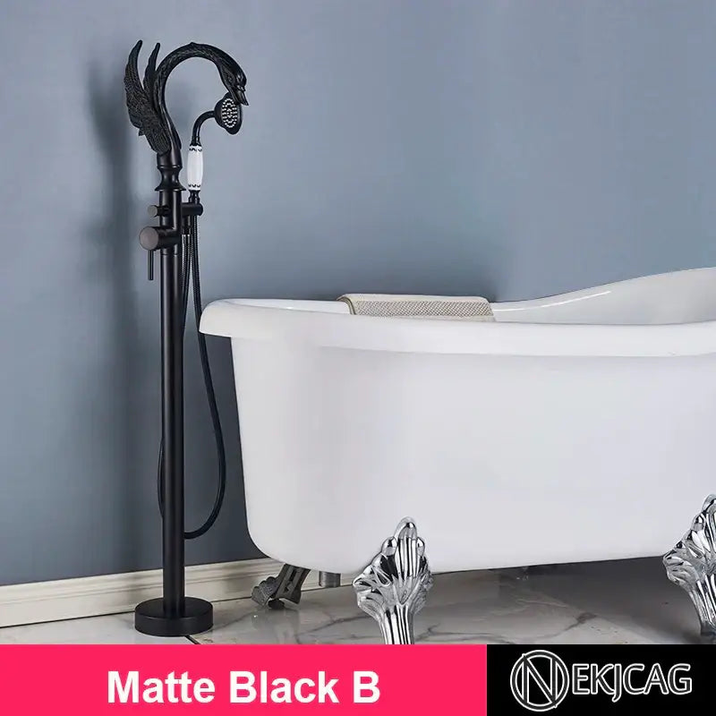 Matte black swan-shaped freestanding bathtub faucet with white ceramic handle and chrome accents by decorbites gold swan