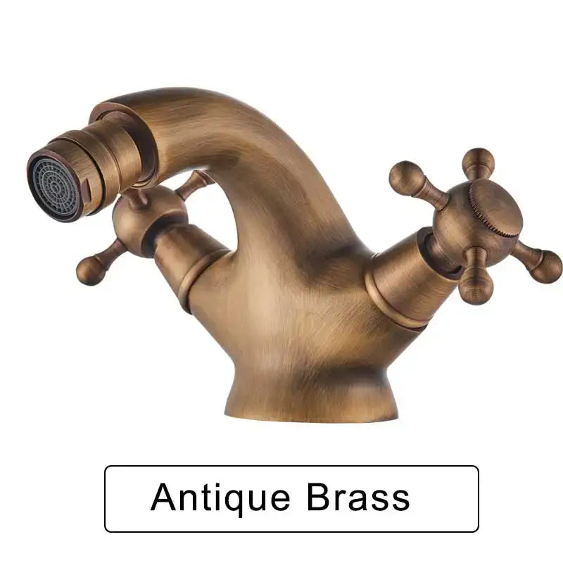 Antique brass ornate gold dual handle bidet faucet with curved spout and cross handles for bathroom vessel sink