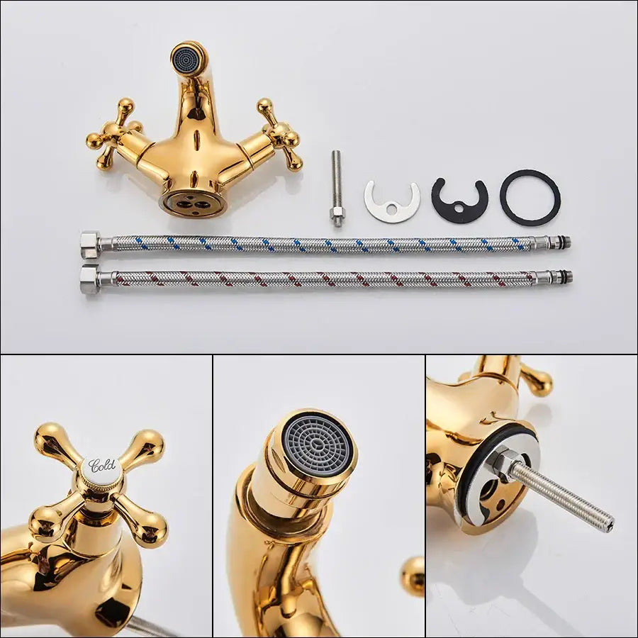 Ornate gold dual handle bidet faucet with polished metallic finish and decorative spout for vessel sink by decorbites dual handle