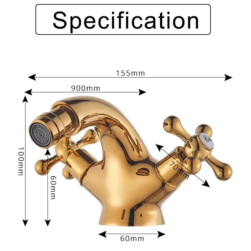 Ornate gold dual handle bidet faucet in polished brass with classic cross-handle design and integrated spray nozzle