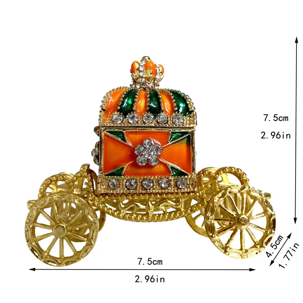 Ornate gold enamel crown jewelry box carriage brooch with orange, green accents, clear rhinestones, and jeweled crown top