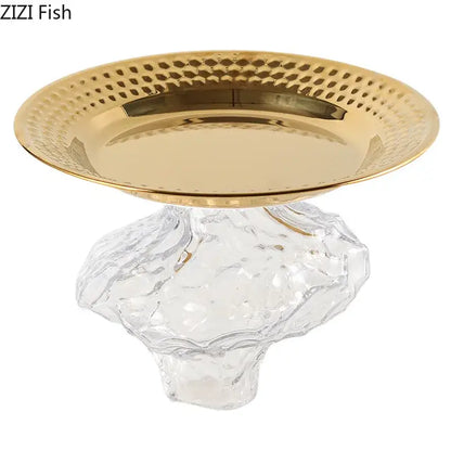 Ornate gold glass fruits bowl with hammered metal and clear crystal base ideal for dining room dessert display