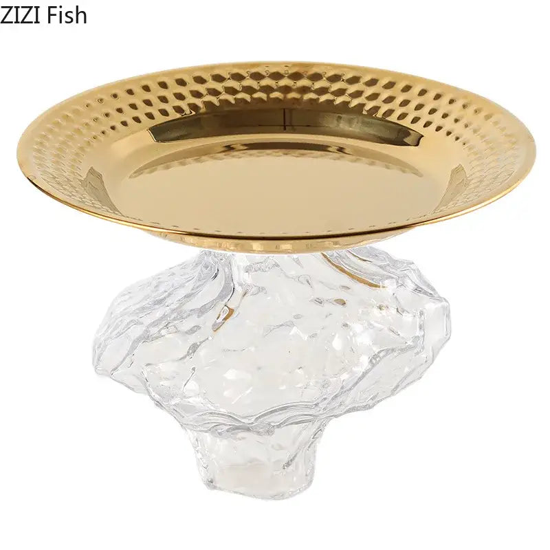 Ornate gold glass fruits bowl with hammered metal and clear crystal base ideal for dining room dessert display