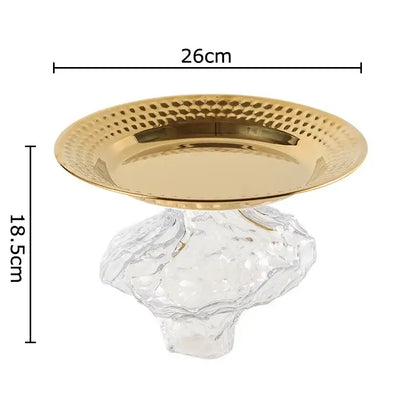 Ornate gold glass fruits bowl dessert plate with hammered metal design and clear crystal base for dining room use