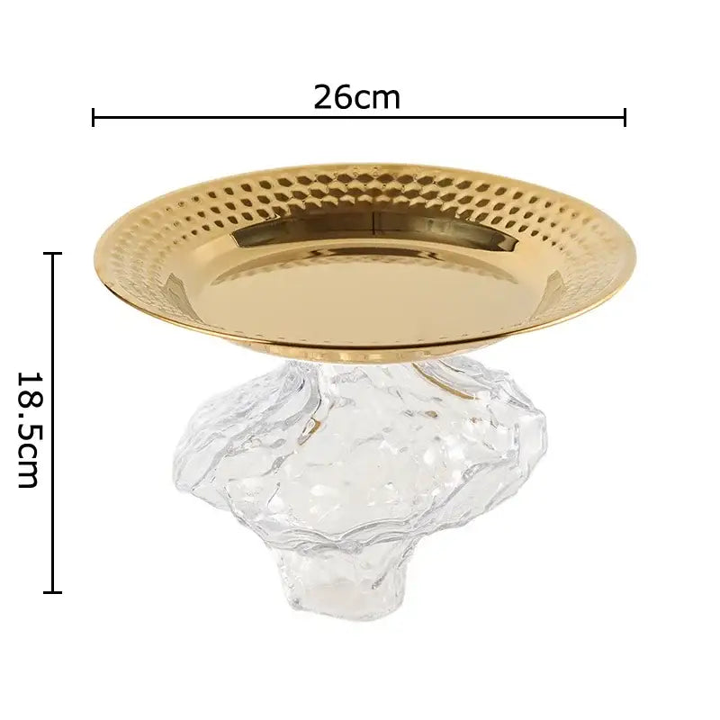 Ornate gold glass fruits bowl dessert plate with hammered metal design and clear crystal base for dining room use