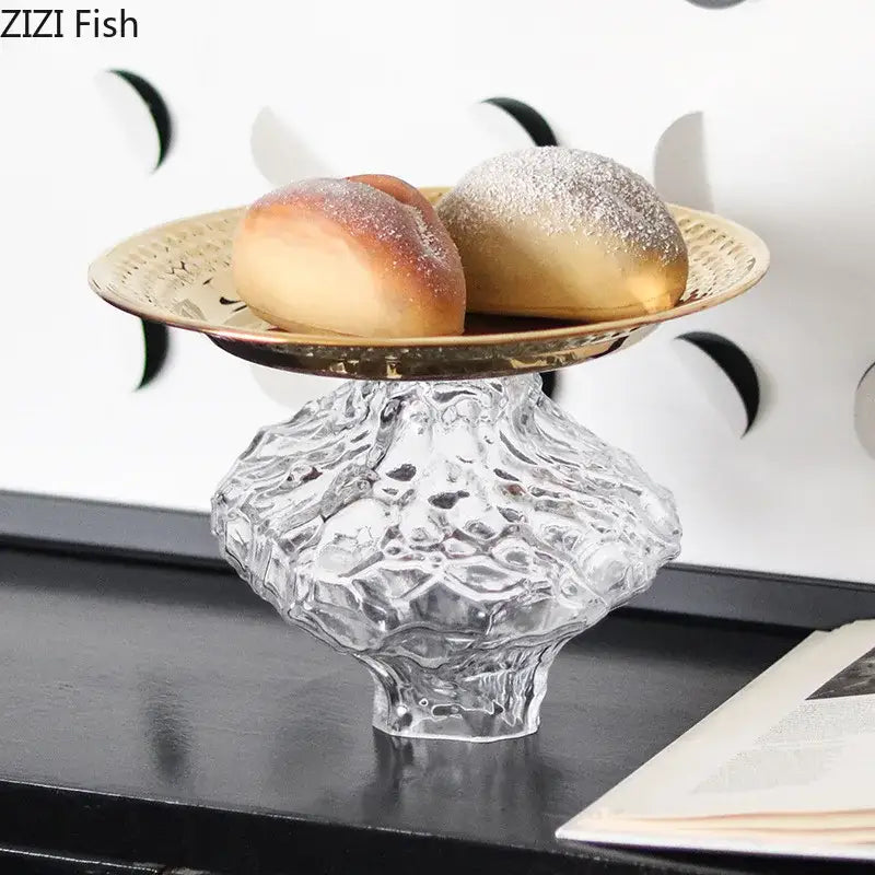 Ornate gold glass fruits bowl dessert plate with a textured faceted base and an elegant rim for dining room use